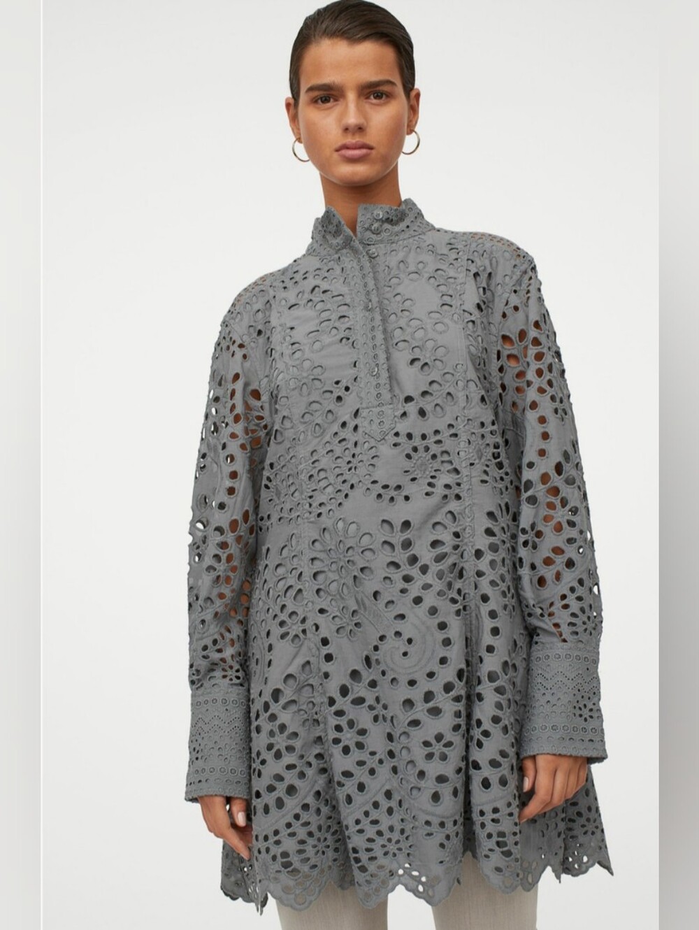 H&M Gray Eyelet Embroidered Cotton Mini Dress Size L Long Sleeve
